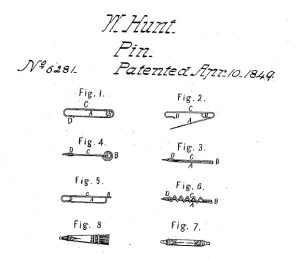 שרטוט פטנט US 6281 משנת 1849 של וולטר האנט המציג סיכת ביטחון עם קפיץ, חוד ותפס במצבים שונים