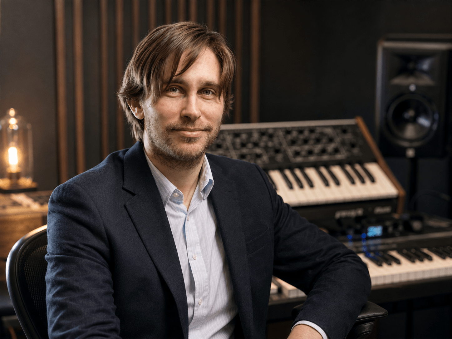 Iyar Stav in a music studio with a synthesizer