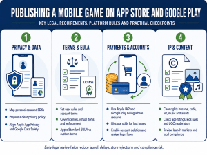 Legal requirements for publishing a mobile game on the Apple App Store and Google Play, including privacy, EULA, payments, accounts and intellectual property.