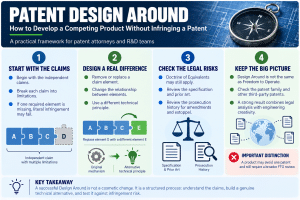 Infographic explaining the Patent Design Around process: analyzing patent claims, creating a genuine technical difference, reviewing Doctrine of Equivalents and prosecution history, and checking Freedom to Operate.