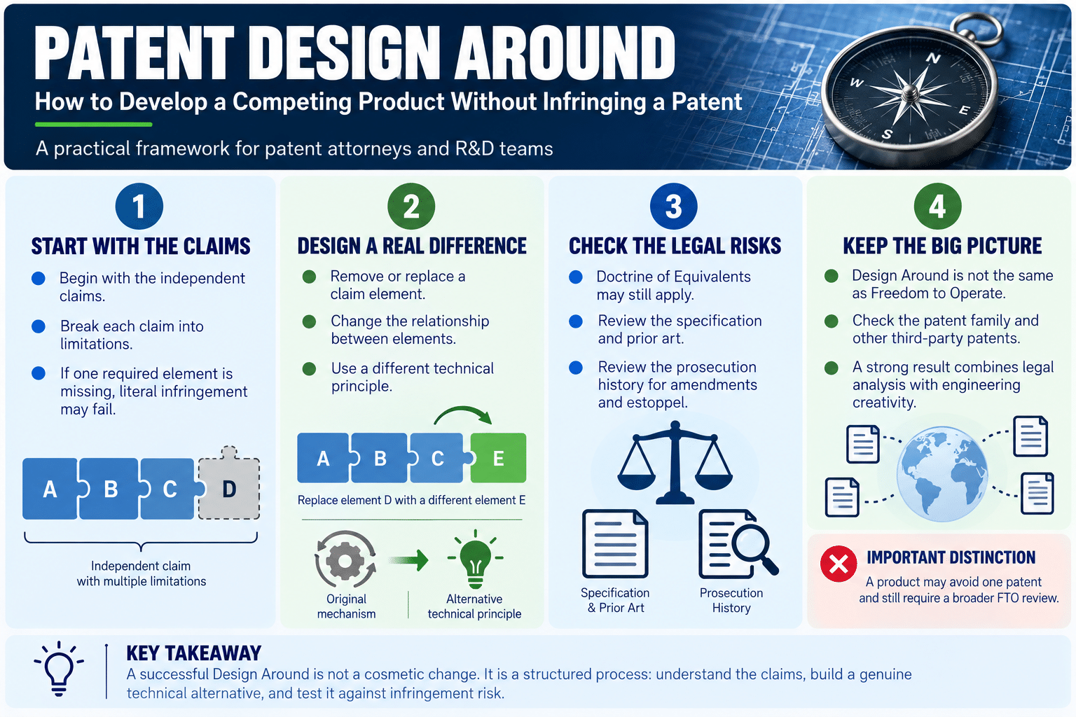 Infographic explaining the Patent Design Around process: analyzing patent claims, creating a genuine technical difference, reviewing Doctrine of Equivalents and prosecution history, and checking Freedom to Operate.