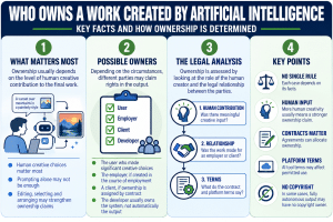 Infographic explaining who may own a work created by artificial intelligence and the factors determining copyright ownership.