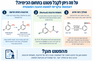 אינפוגרפיקה בעברית המסבירה על מה ניתן לקבל פטנט בתחום הכימיה, באמצעות דוגמאות של תרכובת כימית חדשה, משפחת תרכובות מסוג Markush ותהליך כימי חדש.