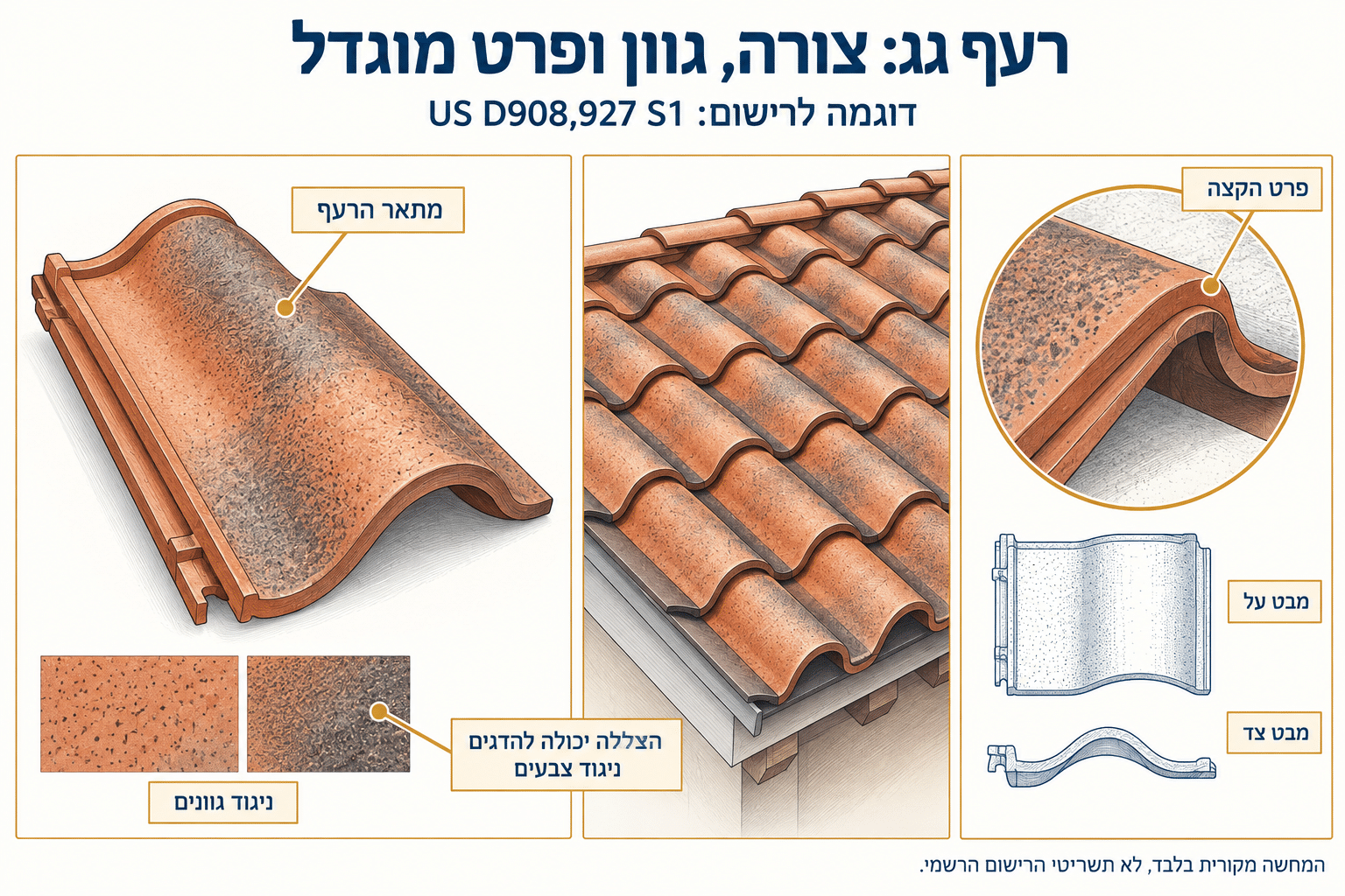 אינפוגרפיקה המדגימה צורת רעף גג, טקסטורה, גוונים ותקריב של קצה הרעף