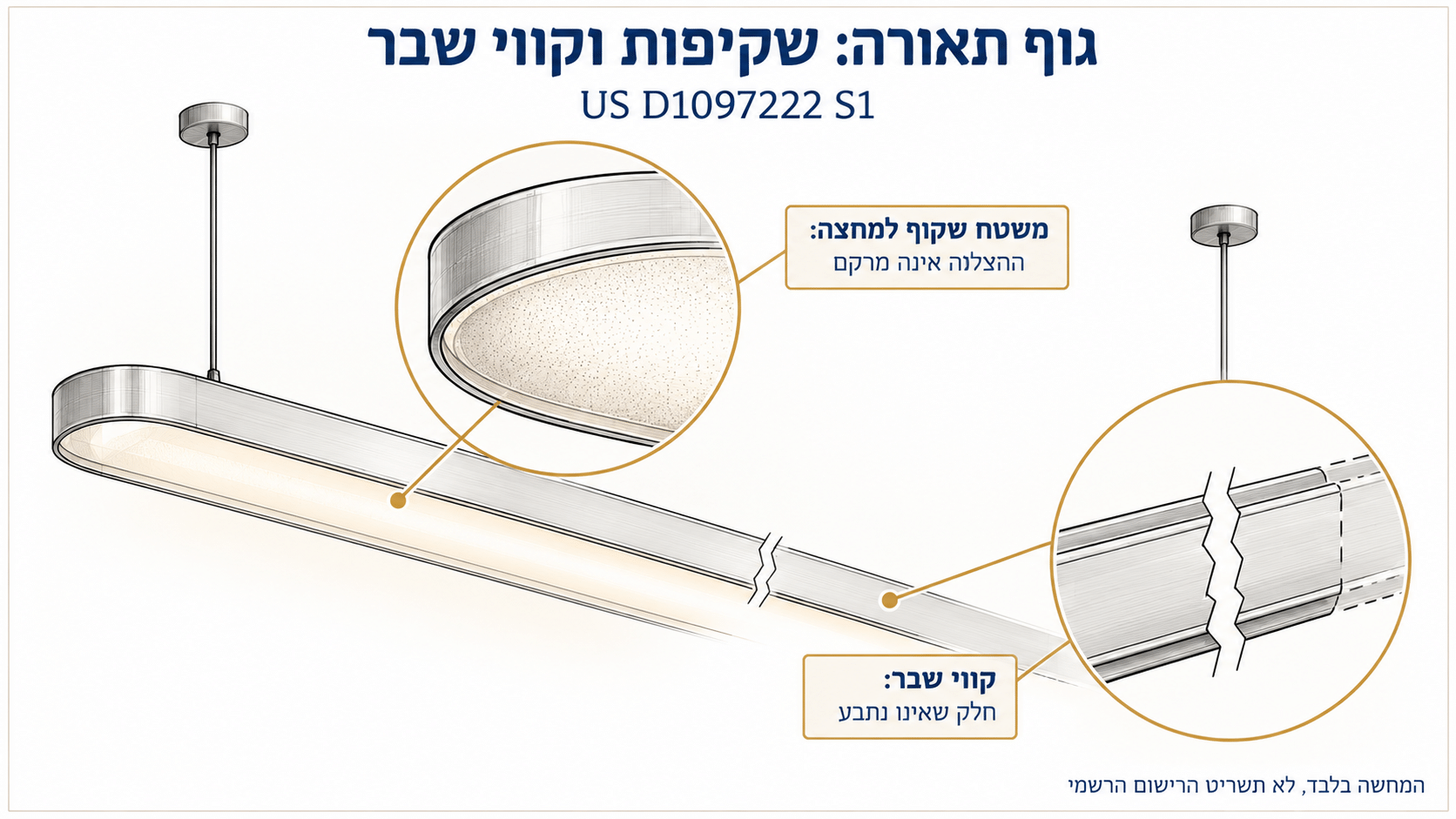 המחשה של משטח שקוף למחצה וקווי שבר בגוף תאורה ליניארי